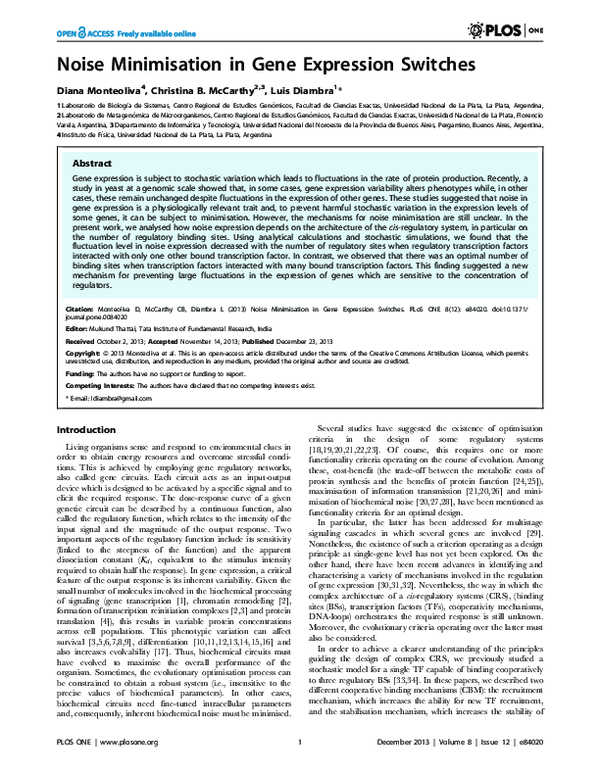 (PDF) Noise minimisation in gene expression switches.