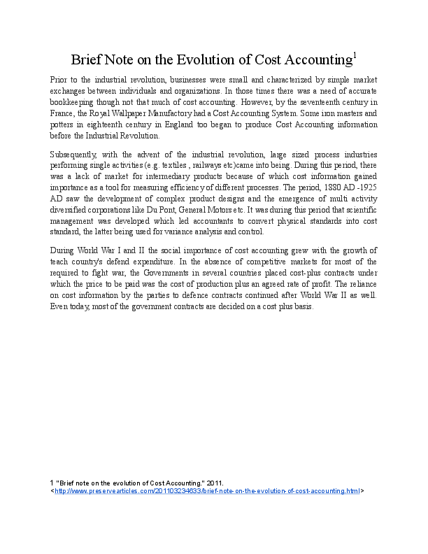 (DOC) Cost Accounting (History, Evolution, Definition, classifications