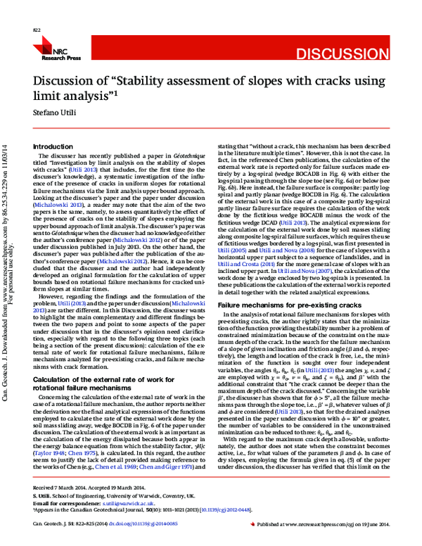 (PDF) Discussion of “Stability assessment of slopes with cracks using ...