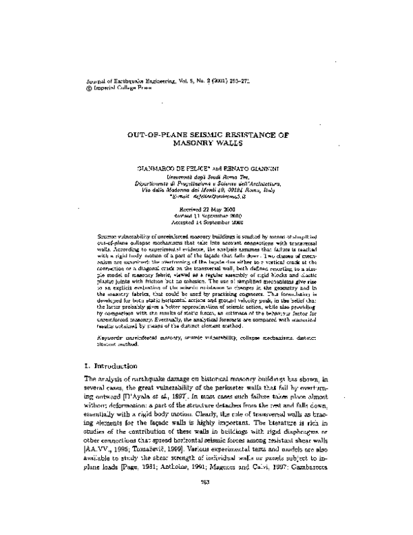 (PDF) OUT-OF-PLANE SEISMIC RESISTANCE OF MASONRY WALLS