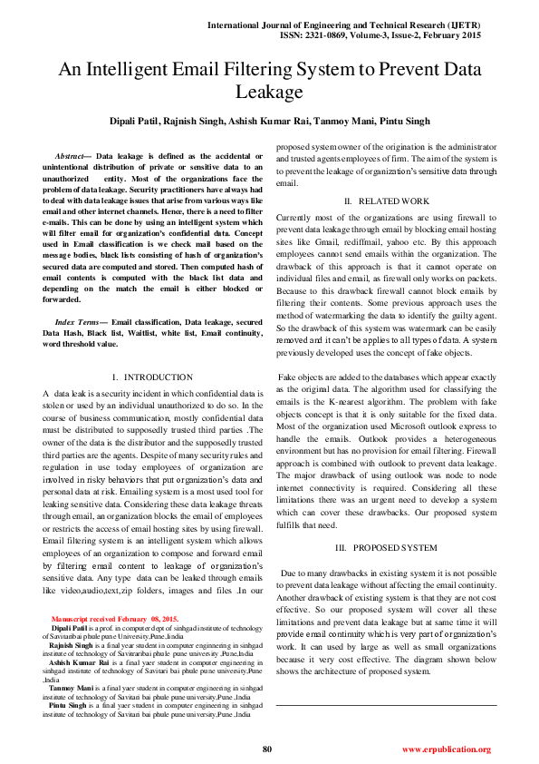 (PDF) An Intelligent Email Filtering System to Prevent Data Leakage