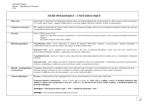 (DOC) Ingénierie de la formation CLA FICHE PEDAGOGIQUE – UNITE DIDACTIQUE