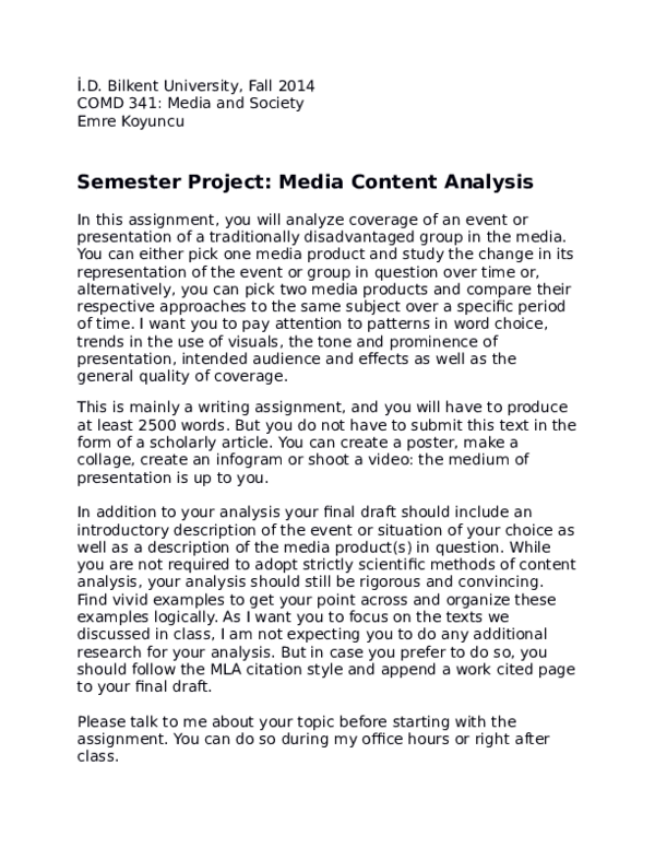 (DOC) COMD 341: Media and Society / Semester Project Description Sheet