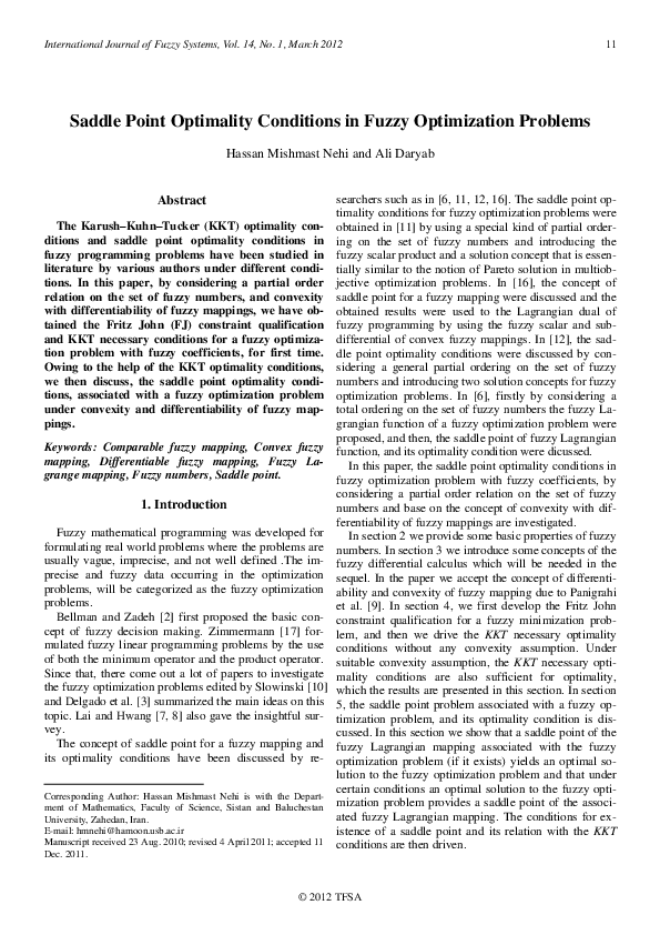 (PDF) Saddle Point Optimality Conditions in Fuzzy Optimization Problems