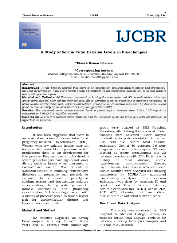 (PDF) A STUDY OF SERUM TOTAL CALCIUM LEVELS IN PREECLAMPSIA