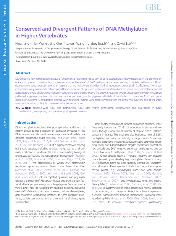 (PDF) Conserved and divergent patterns of DNA methylation in higher ...