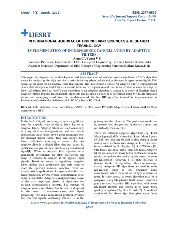 Pdf Implementation Of Interference Cancellation By Adaptive Filters Ijesrt Journal Academia Edu