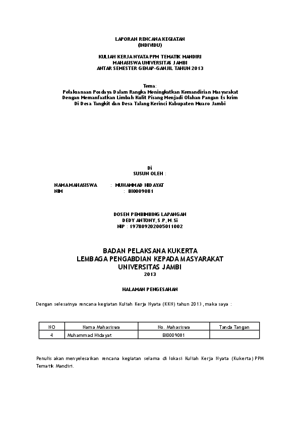 (DOC) LAPORAN RENCANA KEGIATAN (INDIVIDU) KULIAH KERJA NYATA PPM
