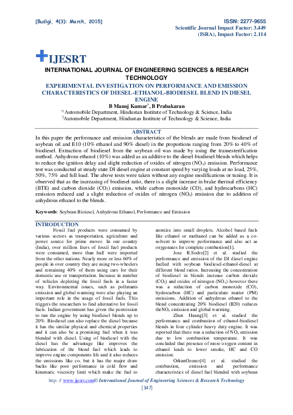 (PDF) EXPERIMENTAL INVESTIGATION ON PERFORMANCE AND EMISSION ...