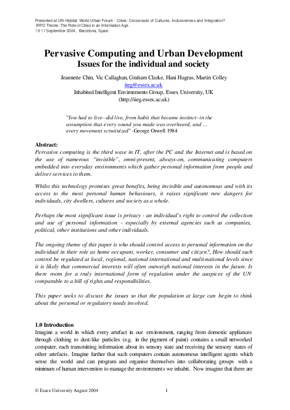 (PDF) Pervasive Computing and Urban Development Issues for the ...