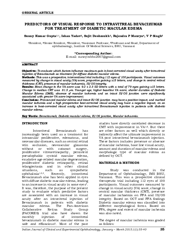 (PDF) PREDICTORS OF VISUAL RESPONSE TO INTRAVITREAL BEVACIZUMAB FOR ...
