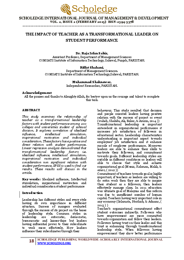 (PDF) THE IMPACT OF TEACHER AS A TRANSFORMATIONAL LEADER ON STUDENT ...