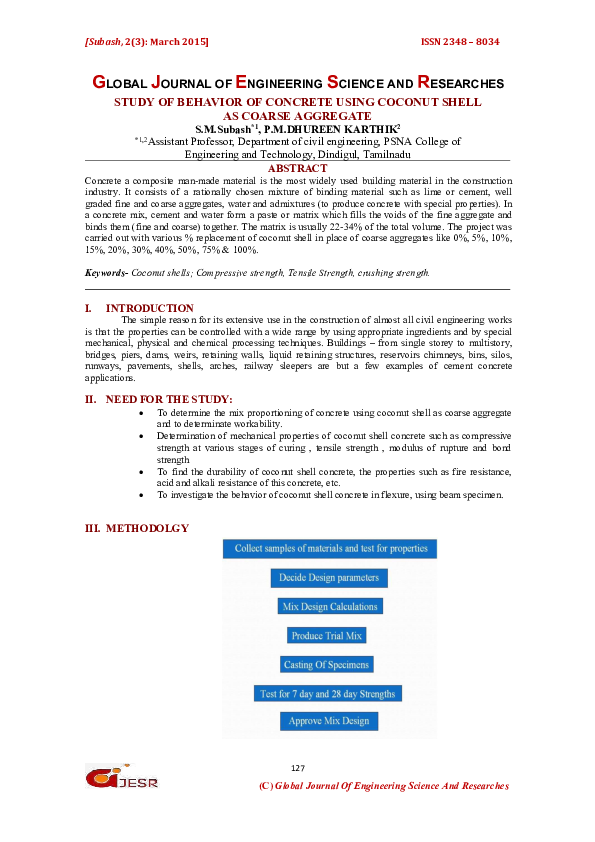 (PDF) STUDY OF BEHAVIOR OF CONCRETE USING COCONUT SHELL AS COARSE AGGREGATE