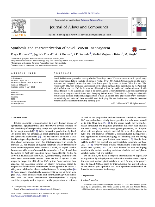 (PDF) Synthesis and characterization of novel Fe@ZnO nanosystem