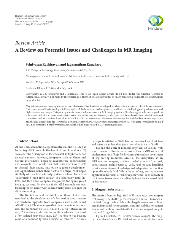 (PDF) A Review on Potential Issues and Challenges in MR Imaging