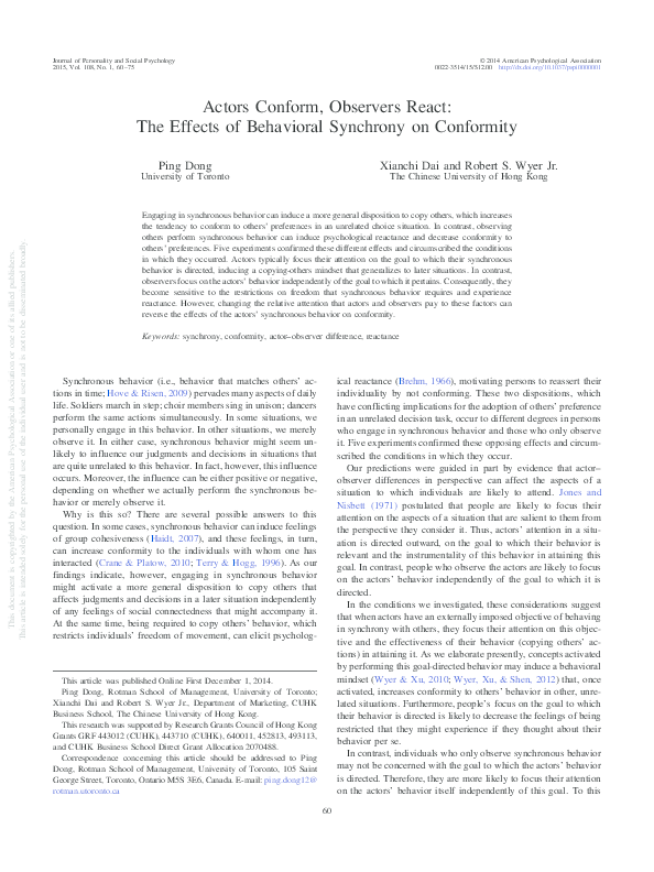 (PDF) Actors Conform, Observers React: The Effects of Behavioral ...