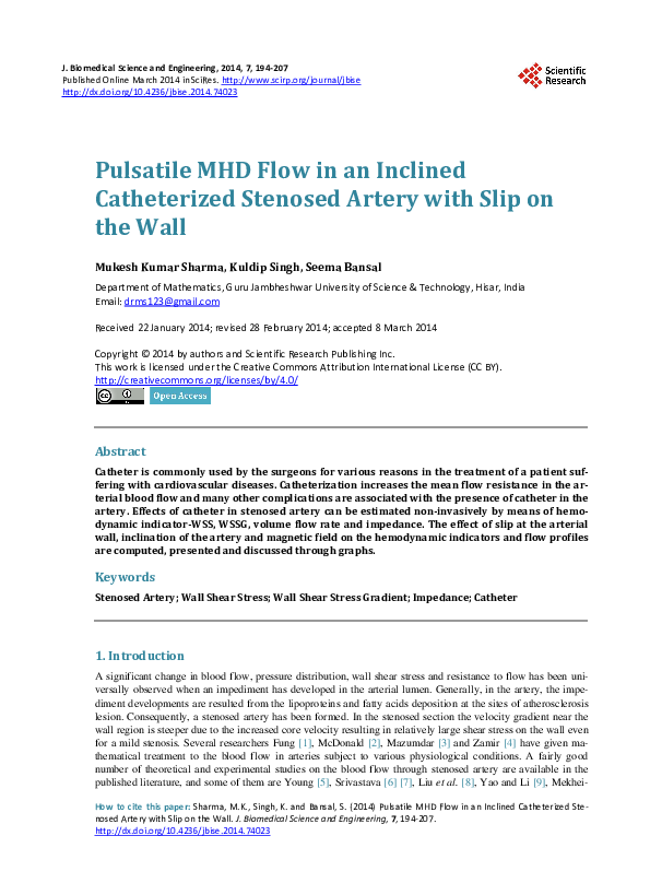 (PDF) Pulsatile MHD Flow in an Inclined Catheterized Stenosed Artery ...