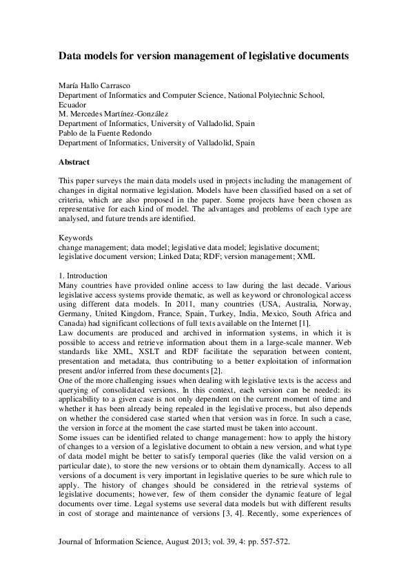 (PDF) Data models for version management of legislative documents