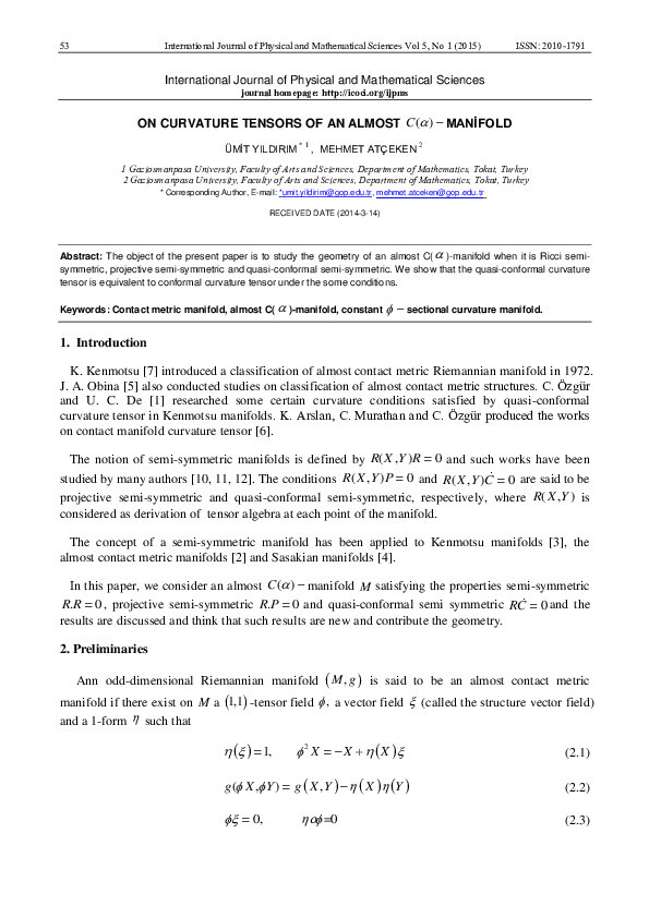 (PDF) On Curvature Tensors of an Almost C(α)-Manifold