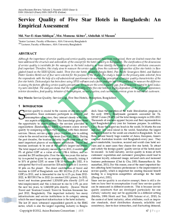 (PDF) Service Quality of Five Star Hotels in Bangladesh: An Empirical ...