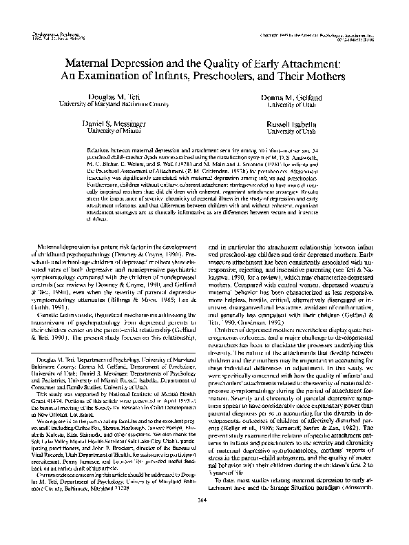 (PDF) Maternal depression and the quality of early attachment: An ...