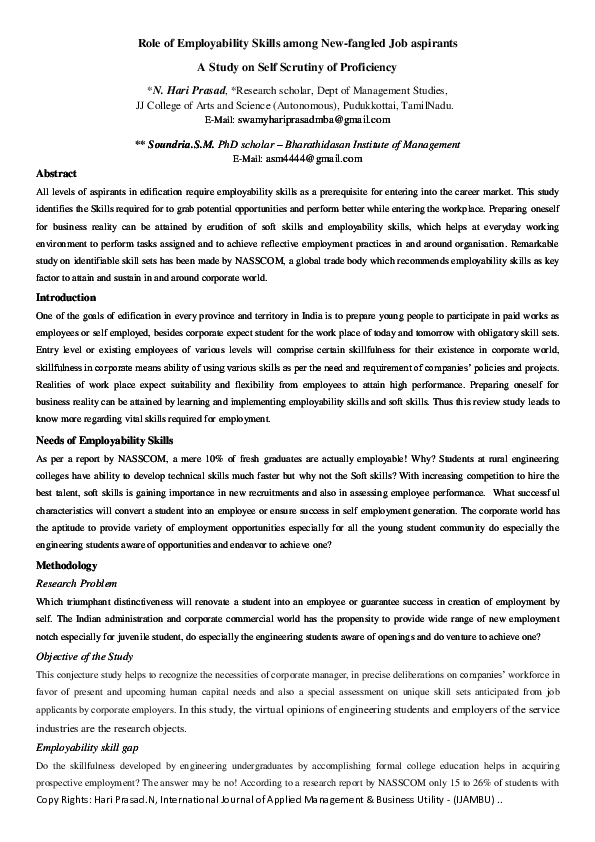 (PDF) Role of Employability Skills among New-fangled Job aspirants A ...
