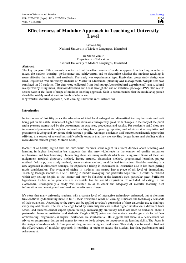 (PDF) Effectiveness of Modular Approach in Teaching at University level