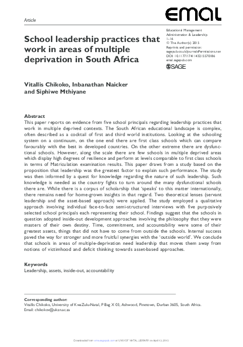 (PDF) School leadership that works in multiple deprivations in South Africa