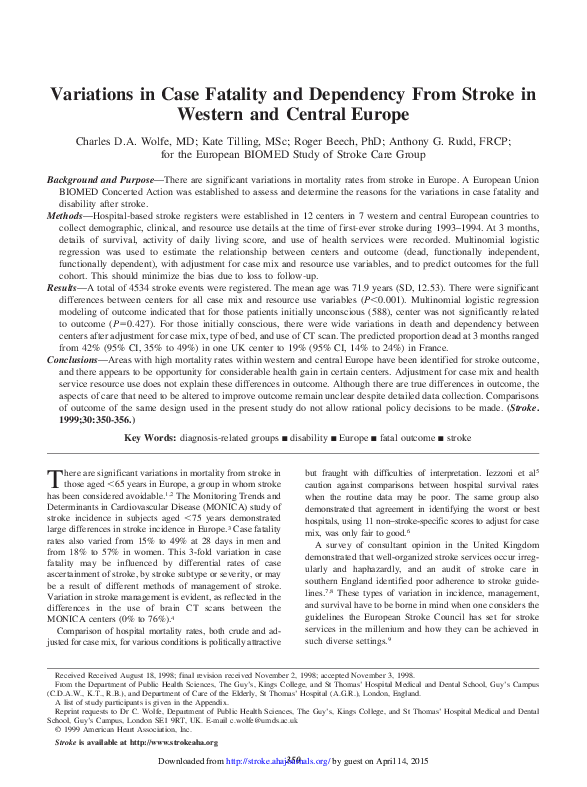 (PDF) Variations in Case Fatality and Dependency From Stroke in Western ...