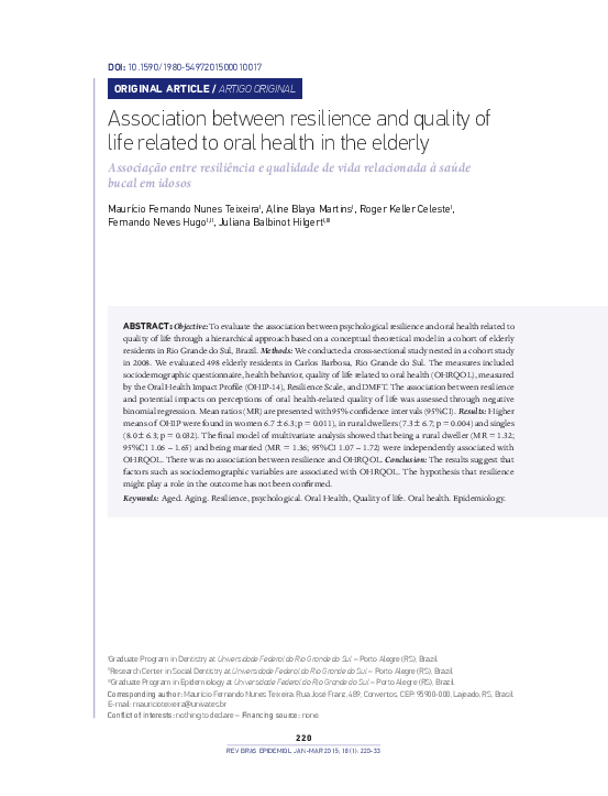 (PDF) Association between resilience and quality of life related to ...