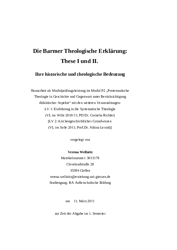 Die Barmer Theologische Erklaerung These I und II Verena Bosso Academia.edu
