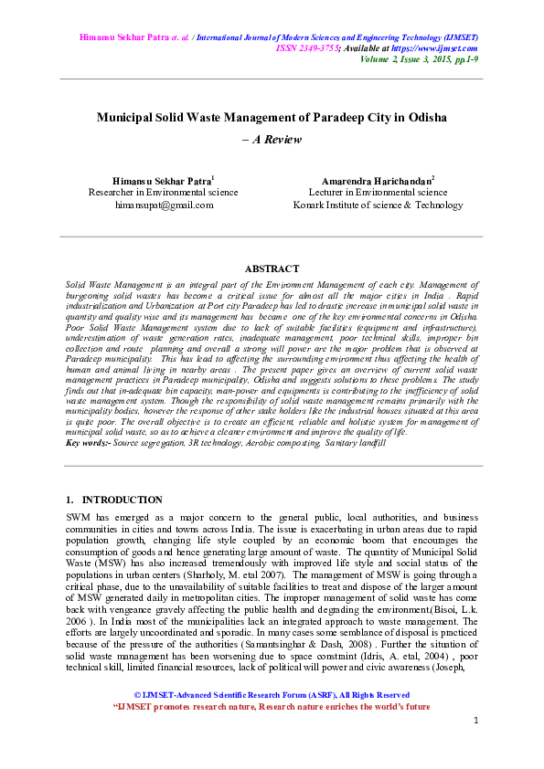 (PDF) Municipal Solid Waste Management of Paradeep City in Odisha – A ...