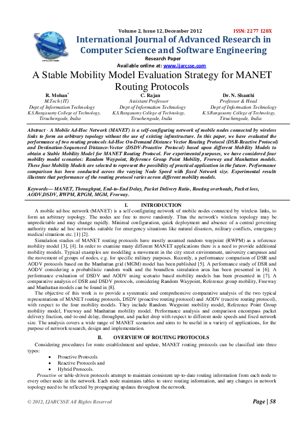 (PDF) A Stable Mobility Model Evaluation Strategy for MANET Routing ...