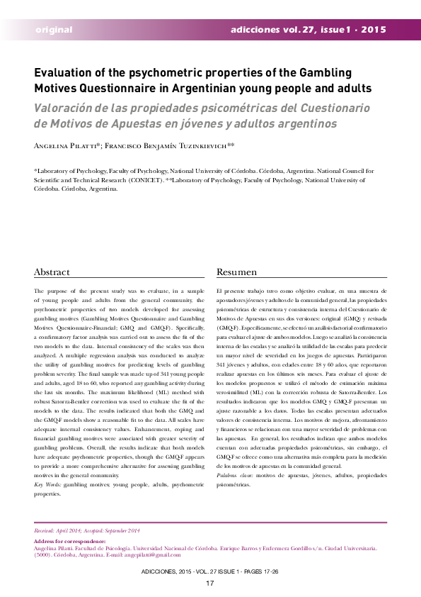 (PDF) Evaluation of the psychometric properties of the Gambling Motives ...