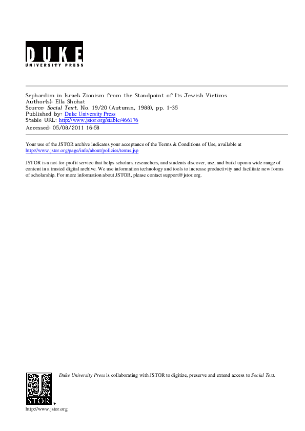 First page of “"Sephardim in Israel: Zionism From the Standpoint of Its Jewish Victims," Social Text, 19/20 (Fall 1988) (Opening essay, special issue on Colonial Discourse), pp. 1-35.”