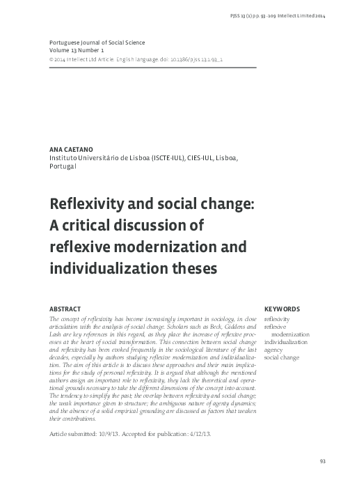 (PDF) Caetano, Ana (2014), “Reflexivity and social change: a critical ...