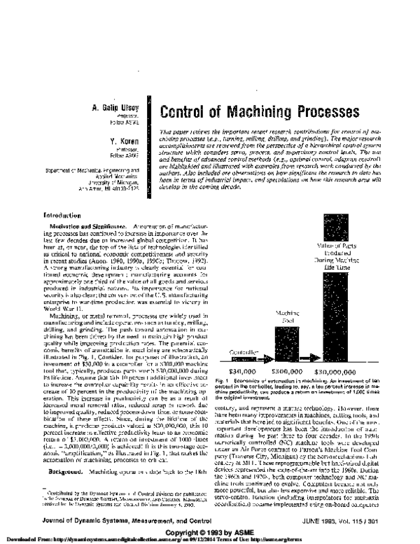 (PDF) Control of machining processes A. Galip Ulsoy and Yoram Koren