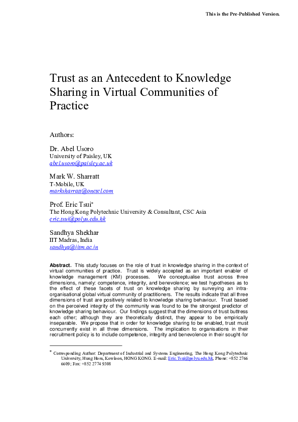 (PDF) Trust As An Antecedent to Knowledge Sharing In Virtual ...