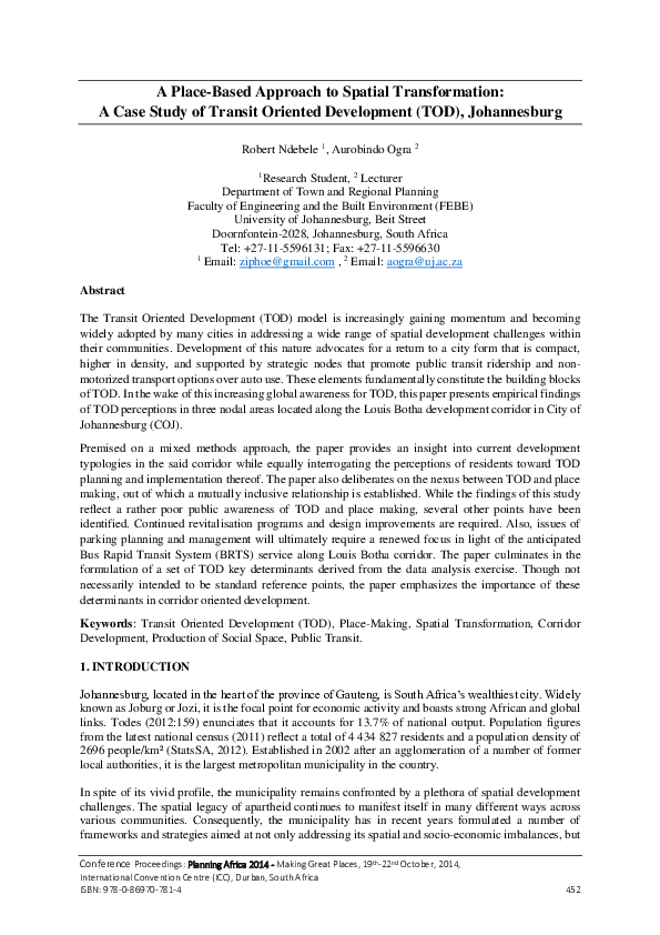 A Place-Based Approach to Spatial Transformation: A Case Study of Transit Oriented Development (TOD), Johannesburg