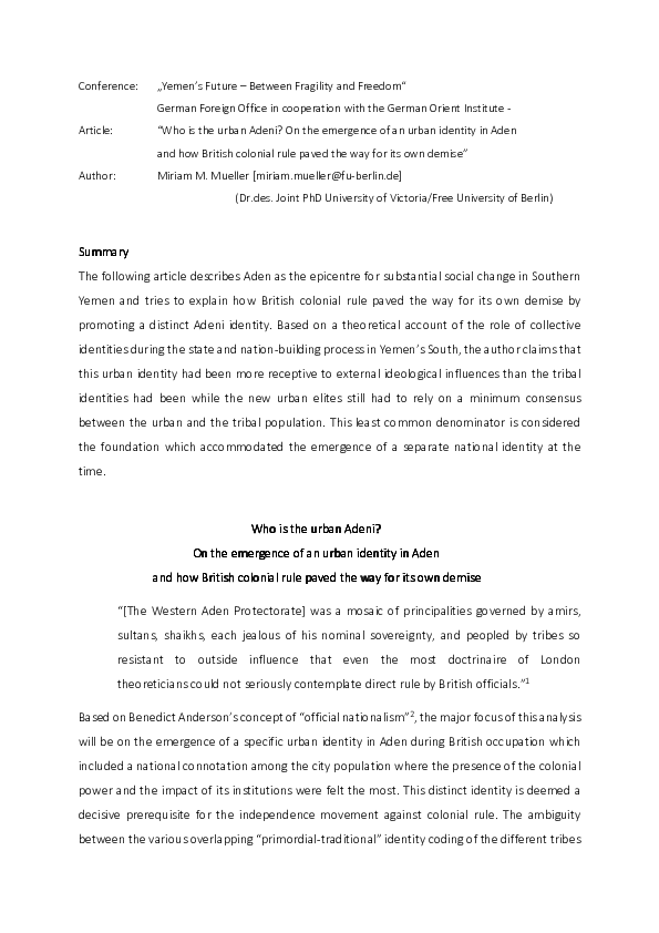 (PDF) “Who is the urban Adeni? On the emergence of an urban identity in