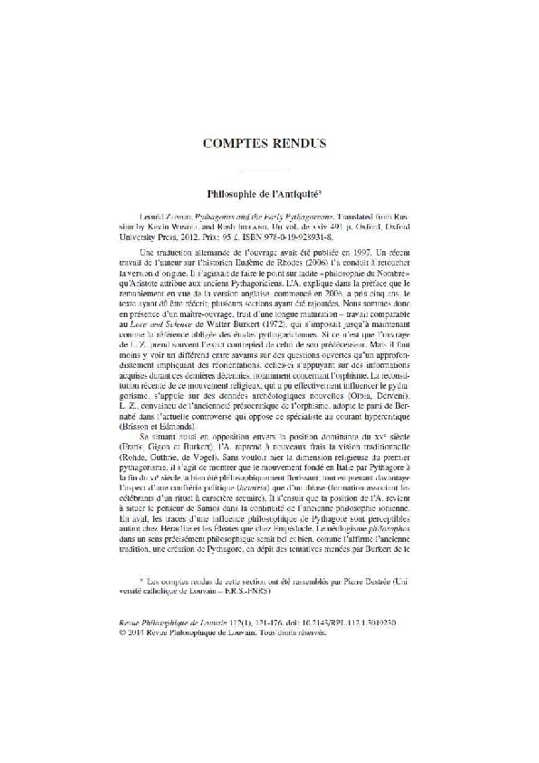 (PDF) Leonid Zhmud, Pythagoras and Pythagoreanism, 2012, Compte rendu.