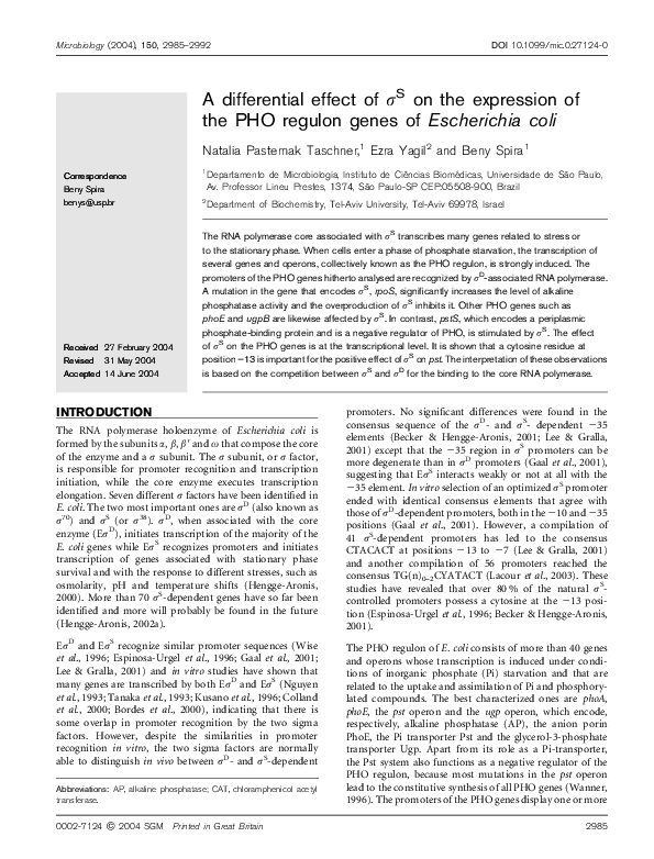 A differential effect of {sigma} S on the expression of the PHO regulon ...