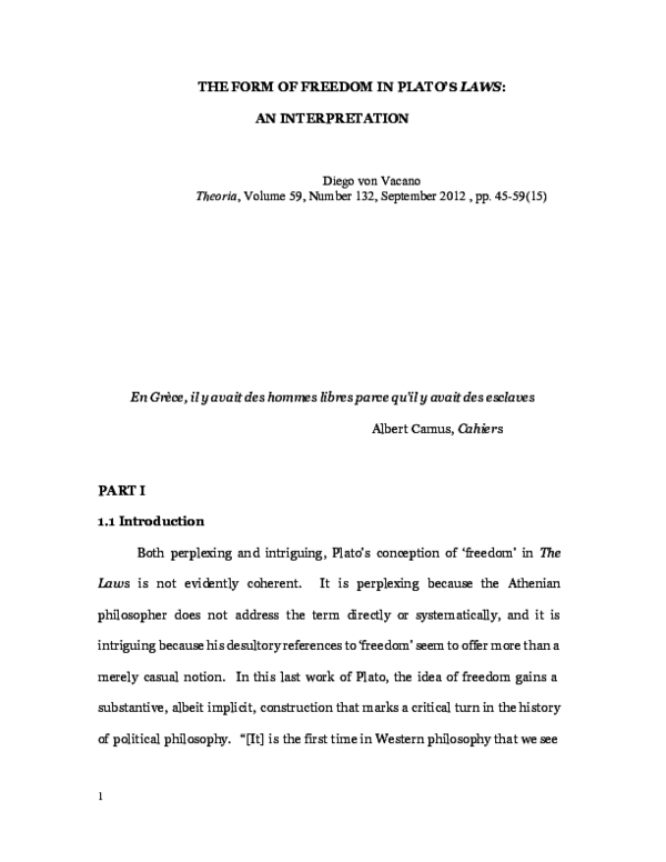 (PDF) The Form of Freedom in Plato's Laws Diego A. von Vacano