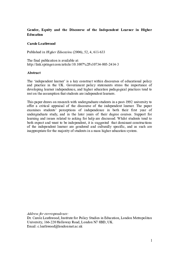 Gender, equity and the discourse of the independent learnerin higher ...