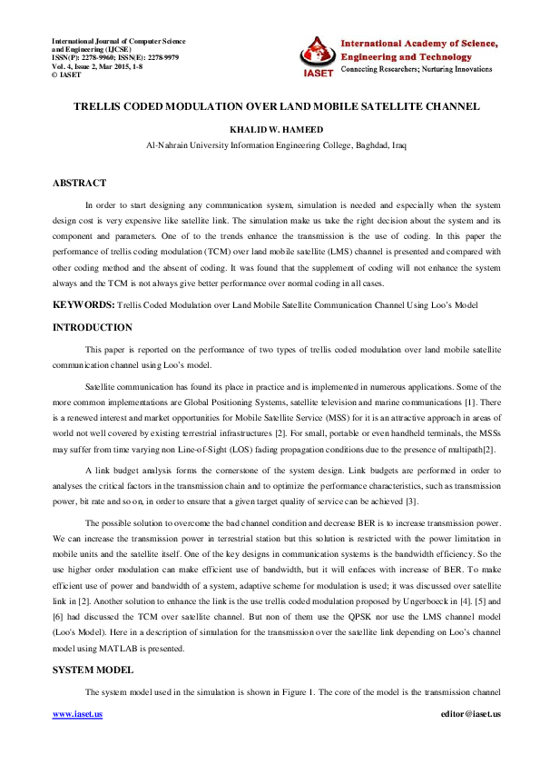 (PDF) TRELLIS CODED MODULATION OVER LAND MOBILE SATELLITE CHANNEL