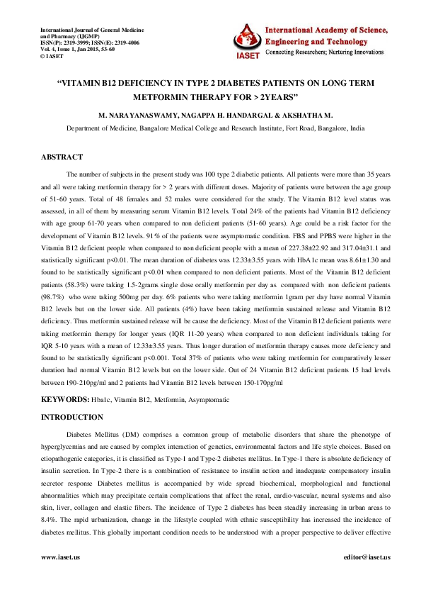(PDF) “VITAMIN B12 DEFICIENCY IN TYPE 2 DIABETES PATIENTS ON LONG TERM ...