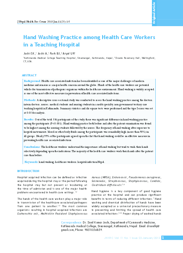 (PDF) Hand Washing Practice among Health Care Workers in a Teaching ...