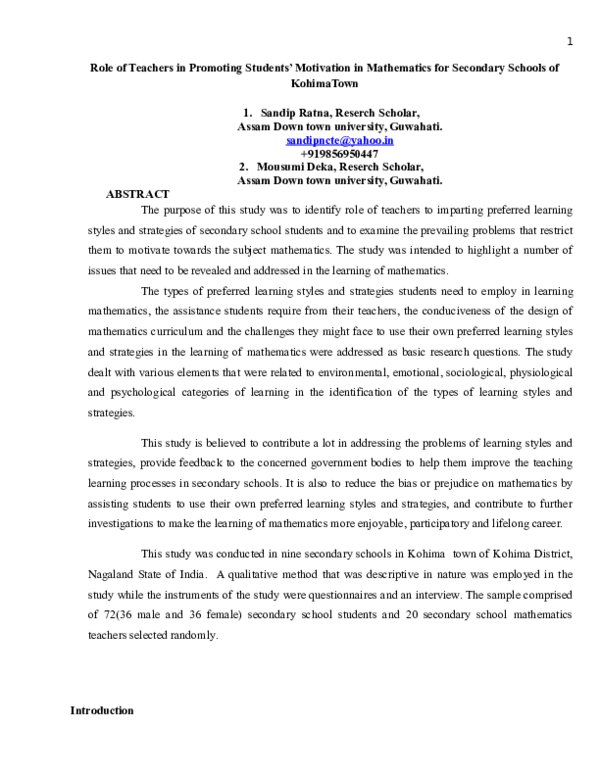 (DOC) Role of Teachers in Promoting Students’ Motivation in Mathematics ...