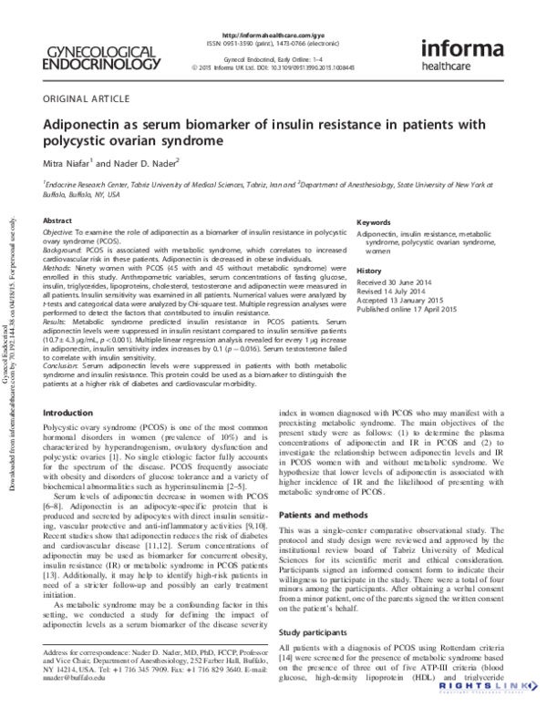 (PDF) Adiponectin as serum biomarker of insulin resistance in patients ...