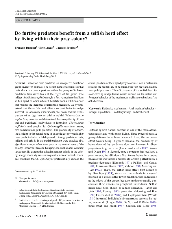(PDF) Do furtive predators benefit form a selfish herd effect by living ...